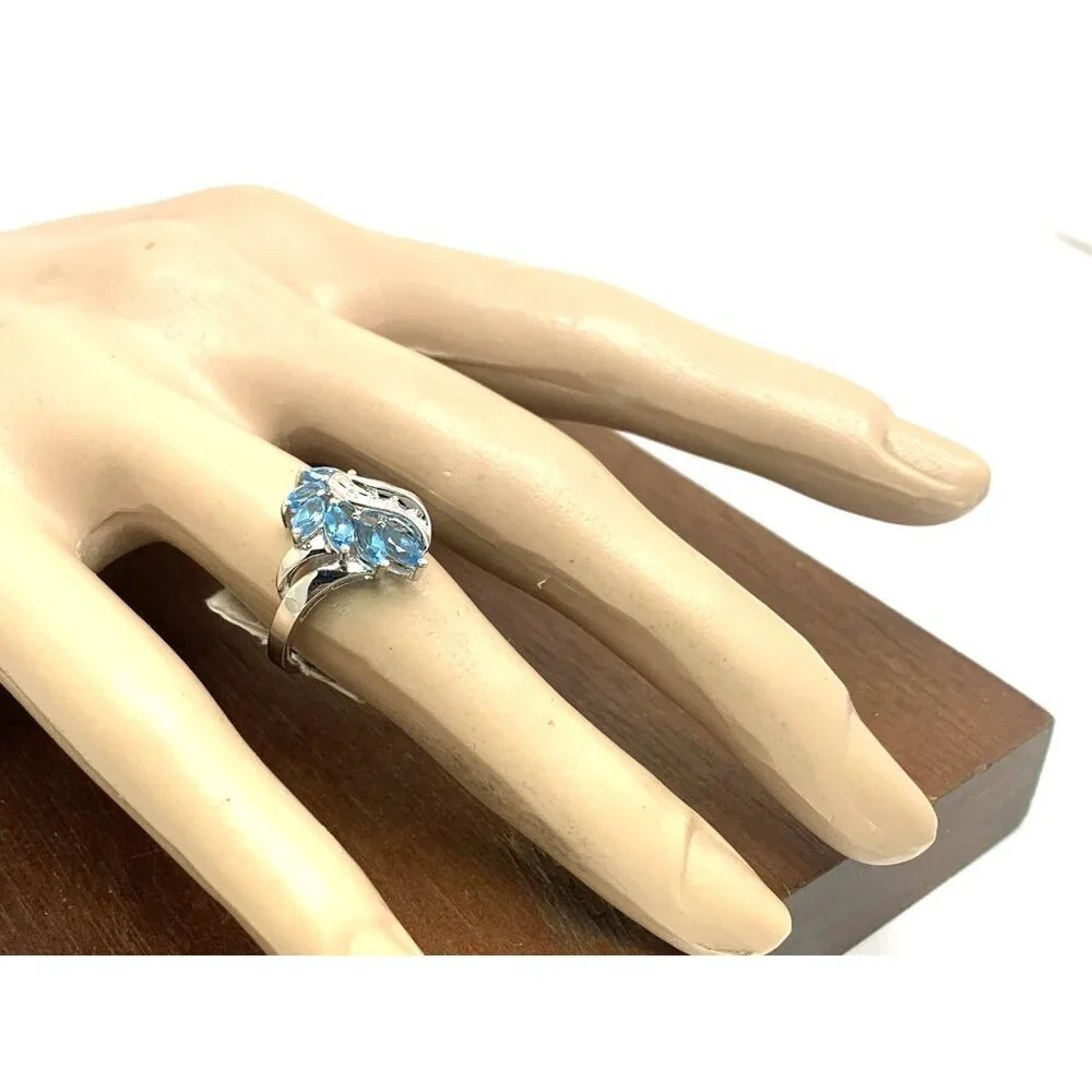Blue Gemstone Diamond Cocktail Ring 10k White Gold Estate Jewelry Women's Size 7